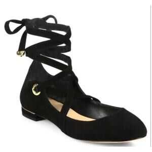 Diane Von Furstenburg 9.5 Womens NWOB Black Suede Dakar Ankle Tie Flats